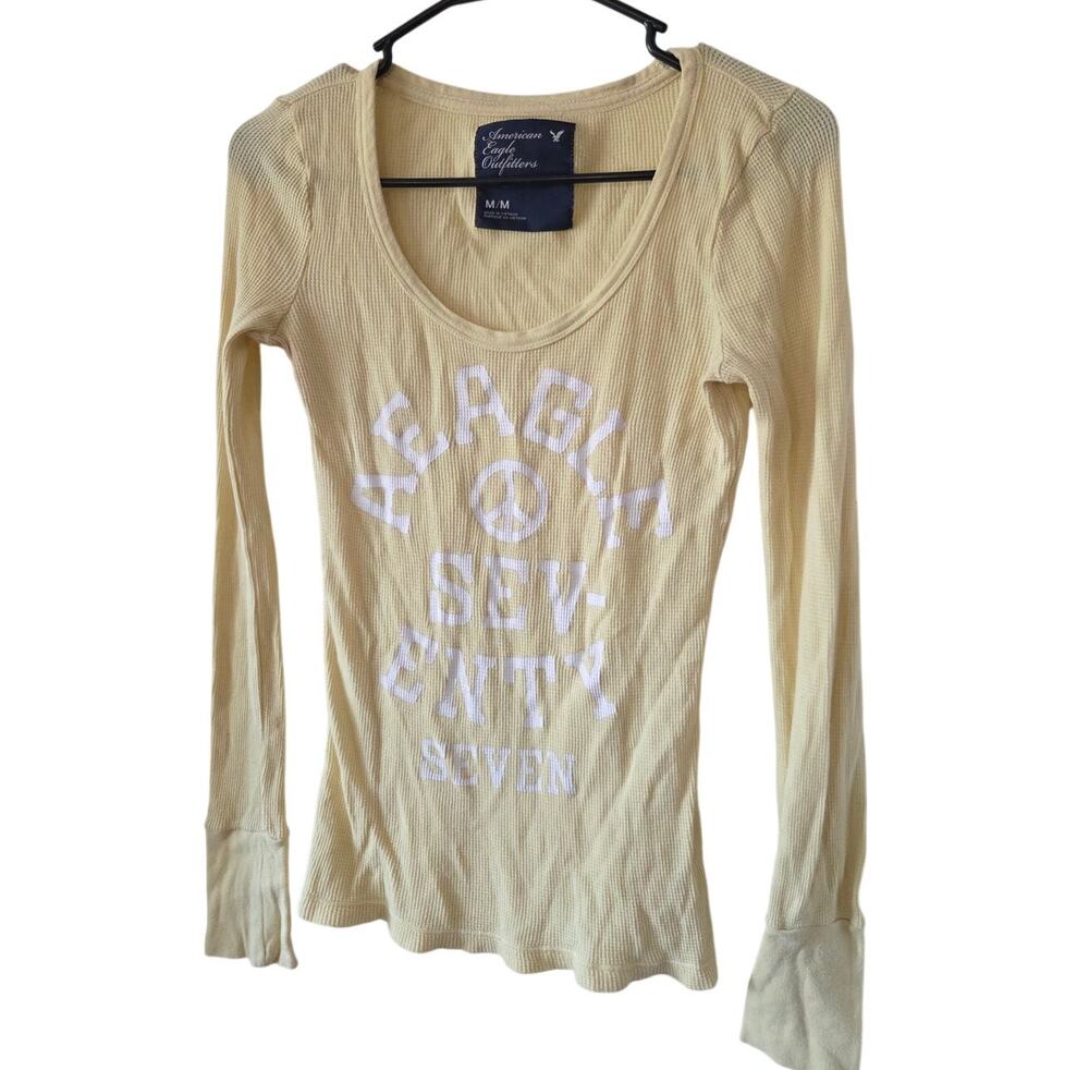Vtg American Eagle Medium Yellow Long Sleeve Y2K Jersey Knit Peace